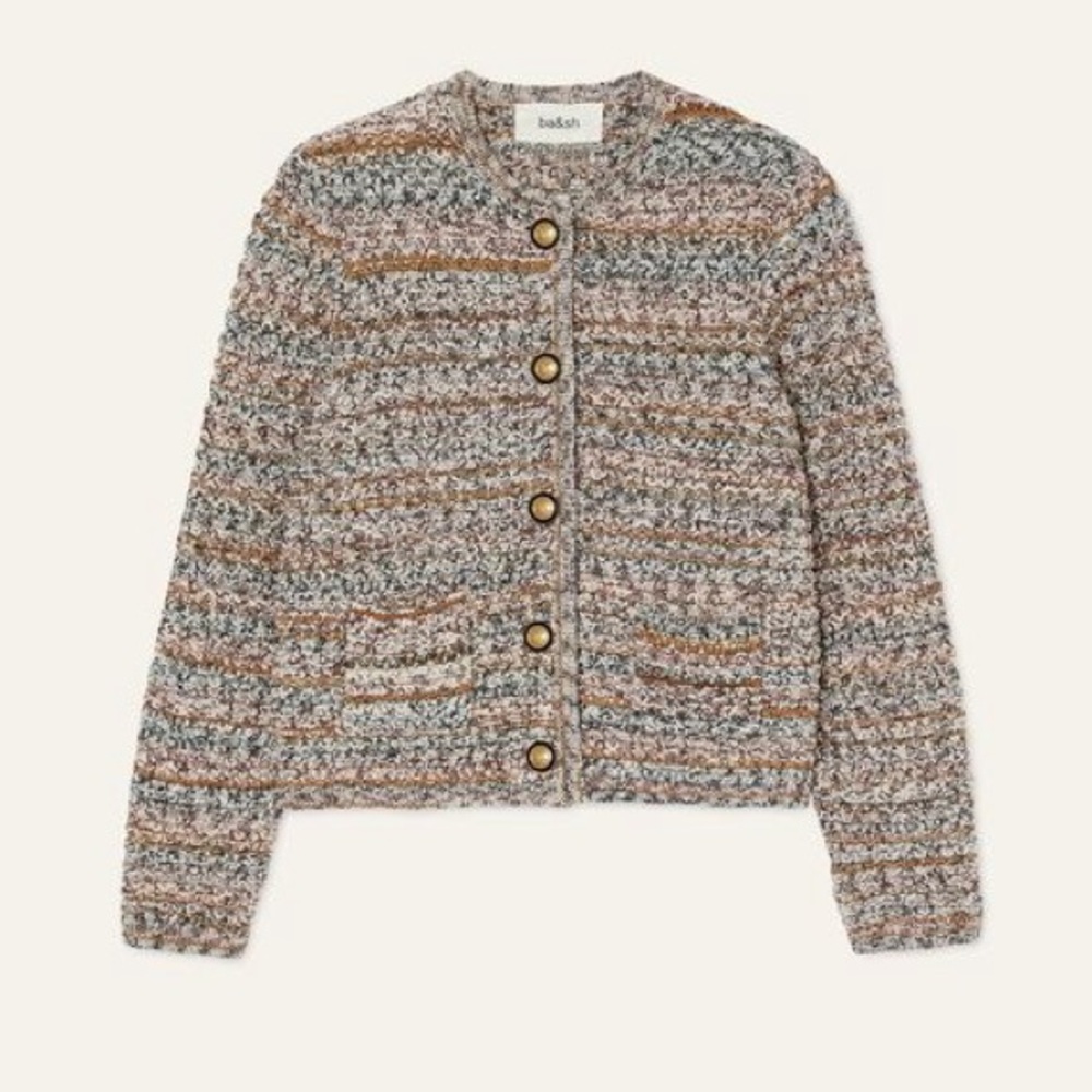 ba&sh Guspa Long Sleeve Knit Beige Stripe Button Up Cardigan M 6